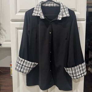 Elegant Black Top with Tweed Accents